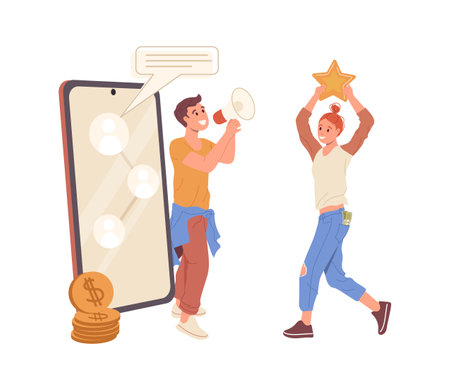 Man announcing about benefits of referral program and happy woman customer join to invitationsのイラスト素材