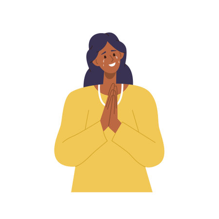 Smiling woman character crying from happiness feeling gratefulness holding hands in pray positionのイラスト素材