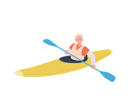 Happy smiling man character kayaking sitting in boat paddling vector illustration isolated on whiteのイラスト素材
