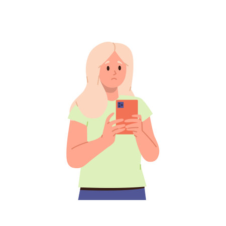 Cute little school girl character using mobile phone playing virtual game or browsing internetのイラスト素材