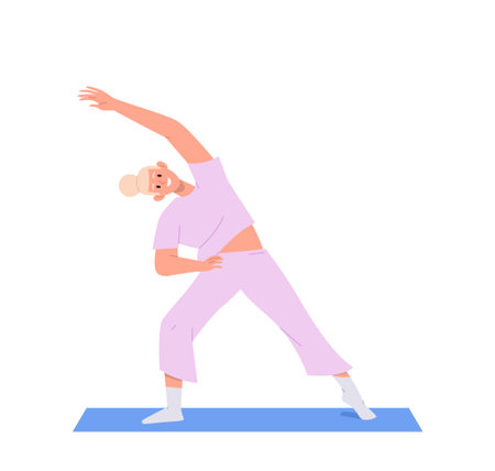 Flat cartoon young sportive woman character training doing fitness stretching standing on yoga mattのイラスト素材