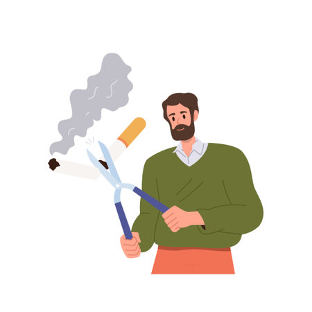 Beaded adult man cartoon character cutting cigarette with scissors successfully gave up bad habitのイラスト素材