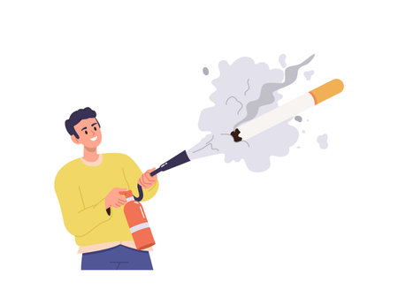 Happy young man character putting out cigarette using fire extinguisher vector illustrationのイラスト素材
