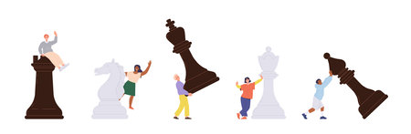 Set of tiny smart people characters playing chess planning next move of chessman to checkmateのイラスト素材