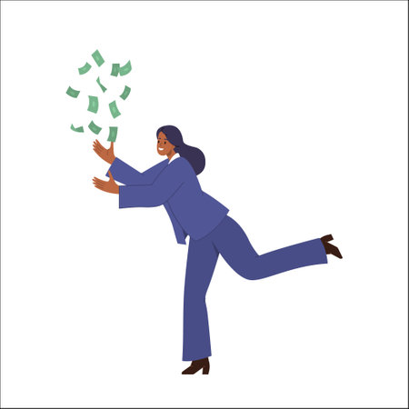 Happy successful businesswoman cartoon character wearing formal suit catching money with handsのイラスト素材