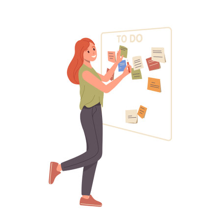 Young woman cartoon business character sticking adhesive note stickers on wall scrum boardのイラスト素材
