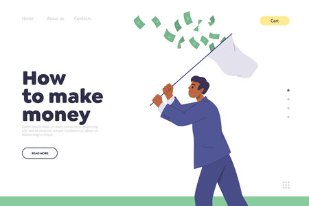How to make money concept for landing page design template with businessman catching money with netのイラスト素材