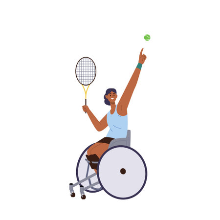 Young athletic woman having disability playing big tennis sitting in wheelchair vector illustrationのイラスト素材