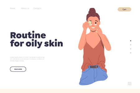 Routine for oily skin landing page design template with woman character using special cosmeticsのイラスト素材