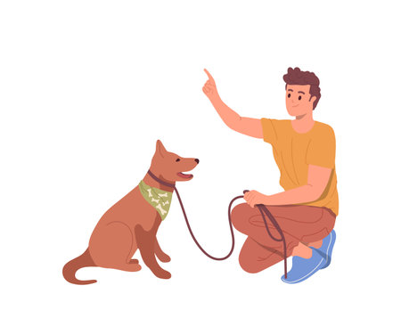 Happy young man cartoon pet owner character teaching loving dog new command during walk outdoorsのイラスト素材