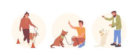 Set of round composition with pet owners and trainers characters working with dog training obedienceのイラスト素材