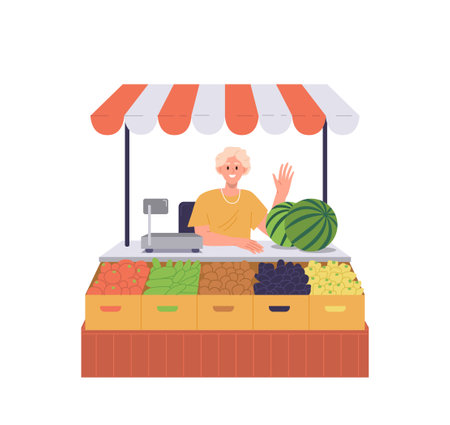 Friendly smiling salesman offering fresh organic natural farm product, eco food at street marketのイラスト素材