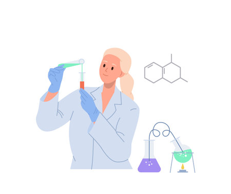 Young woman lab worker character making chemical research at science laboratory using glass flaskのイラスト素材