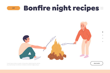 Bonfire night recipe landing page design template. with happy children character frying marshmallowのイラスト素材