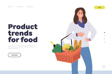 Product trends for food landing page design template with happy woman customer holding groceryのイラスト素材