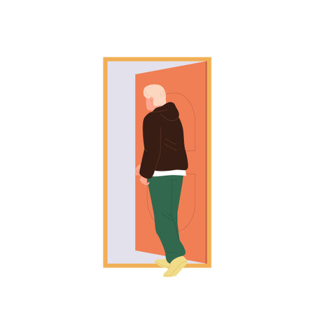 Teenager male character in sportswear entering opened door vector illustration isolated on whiteのイラスト素材