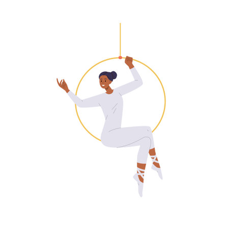 Female aerialist cartoon woman gymnasts character performing beautiful show on hanging ringのイラスト素材