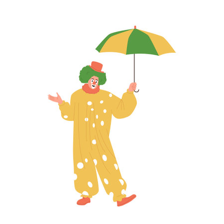 Funny clown in cute stage costume standing under umbrella, circus show entertainer characterのイラスト素材