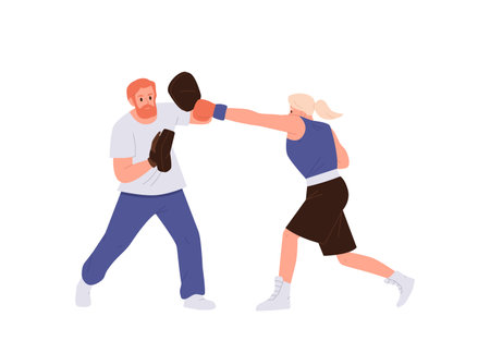 Woman athlete character in sportswear and gloves boxing with trainer wearing punching pawsのイラスト素材