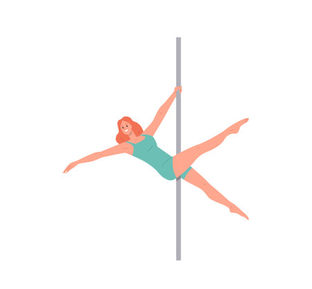 Attractive fitness woman pole dancer character in sportswear hanging on pylon vector illustrationのイラスト素材