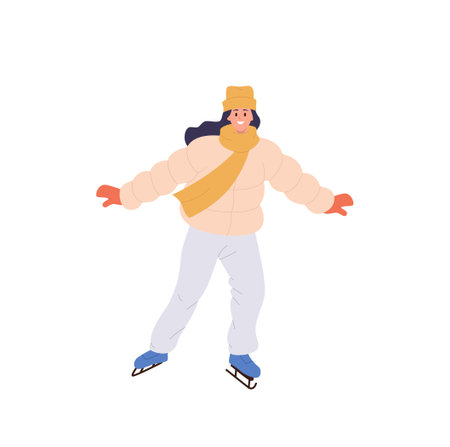 Young happy woman in warm outwear enjoying ice skating on rink or frozen pond isolated on whiteのイラスト素材