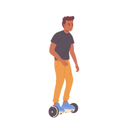 Handsome smiling man riding self-balancing hoverboard scooter isolated on white backgroundのイラスト素材