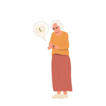 Elderly grey-haired retired woman cartoon character using smartwatch for making call or chattingのイラスト素材