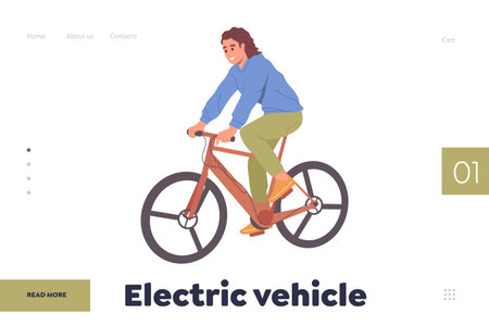 Electric vehicle eco-friendly transportation landing page design template with woman riding bicycleのイラスト素材