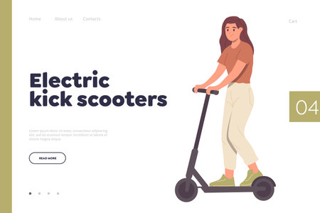 Electric kick scooter landing page design template with cartoon woman riding eco transportのイラスト素材