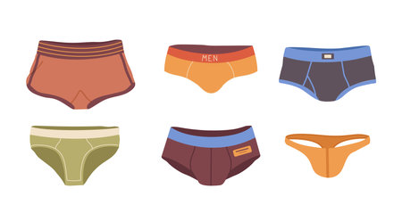 Isolated cartoon set of colorful cotton man underpants, textile bikini, strings and brief boxersのイラスト素材