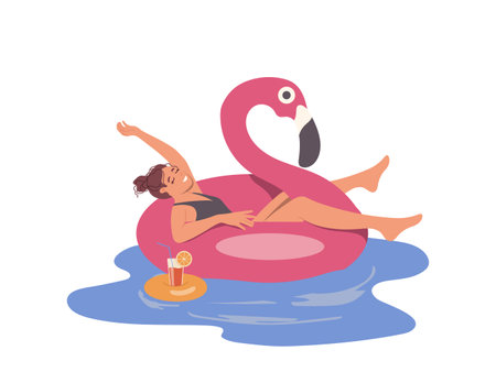 Relaxed woman floating in rubber swan ring drinking cocktail while rest in swimming pool or seaのイラスト素材