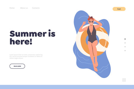 Summer is here landing page design template with happy woman rest at tropical resort poolのイラスト素材