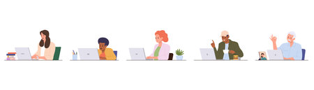 Isolated set of different age people cartoon character working or studying using laptop computerのイラスト素材