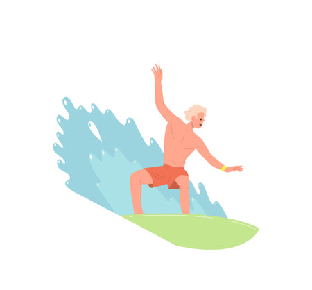 Isolated man surfer riding fast on board in sea ocean water waves enjoying summer time recreationのイラスト素材