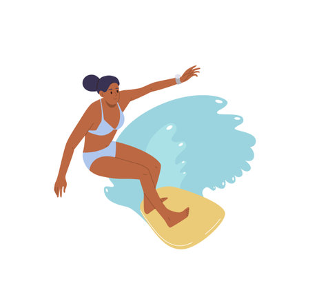Woman surfer extreme board rider character enjoying fun summer leisure water sports activityのイラスト素材