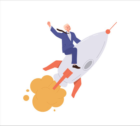 Successful businessman cartoon character flying on rocket forward to goal and new opportunitiesのイラスト素材