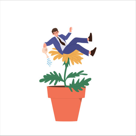 Tiny successful businessman cartoon character watering huge flower in pot sitting on blossom budのイラスト素材