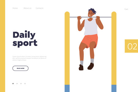 Daily sport landing page design template with happy strong young man character pulling up on barのイラスト素材
