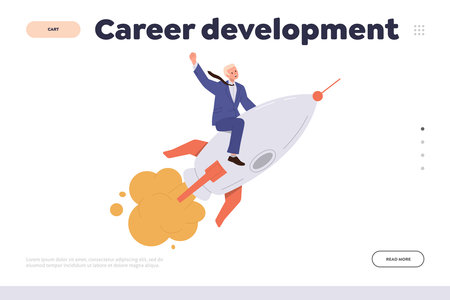 Career development landing page website template with businessman flying on rocket spaceship designのイラスト素材