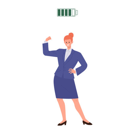 Happy active business woman cartoon character with good battery status gesturing force and powerのイラスト素材