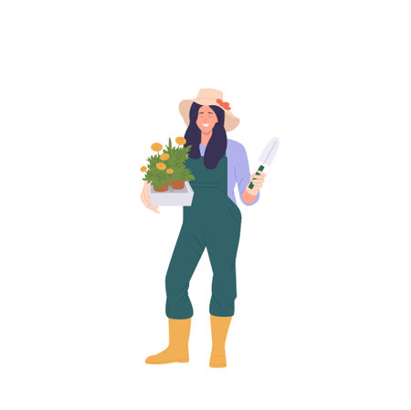 Happy woman gardener cartoon character cultivating flower in pot isolated on white backgroundのイラスト素材