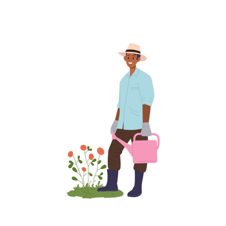 Happy smiling man gardener cartoon character watering flower bed from can isolated on whiteのイラスト素材