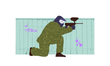 Paintball player wearing protective ammunition aiming with riffle in target sitting behind fenceのイラスト素材