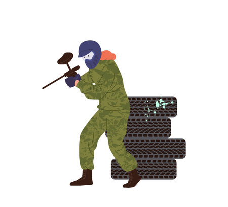 Paintball game competitor man character wearing mask and camouflage shooting with riffle gunのイラスト素材