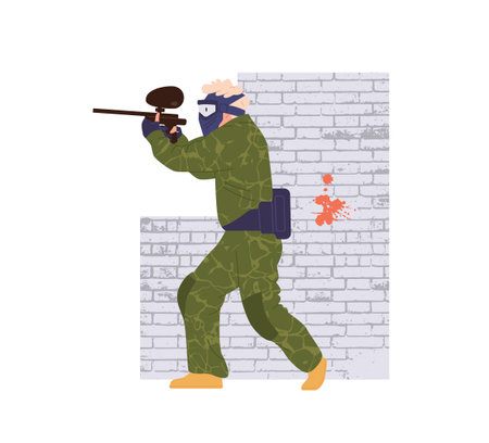 Paintball gamer cartoon character shooting with riffle gun playing battle standing behind brick wallのイラスト素材