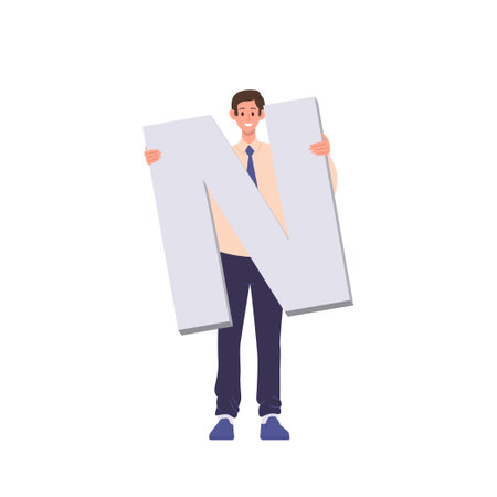 Happy smiling businessman cartoon character holding uppercase letter n standing isolated on whiteのイラスト素材