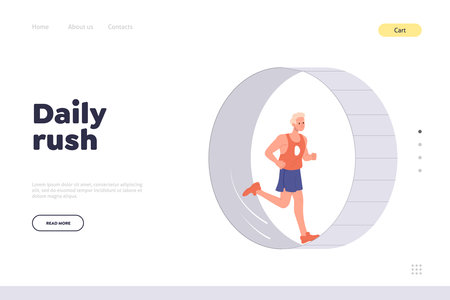 Daily rush landing page design template with sportsman male athlete running like squirrel in wheelのイラスト素材