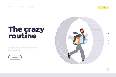 Crazy routine at work landing page design with overloaded businessman running like squirrel in wheelのイラスト素材