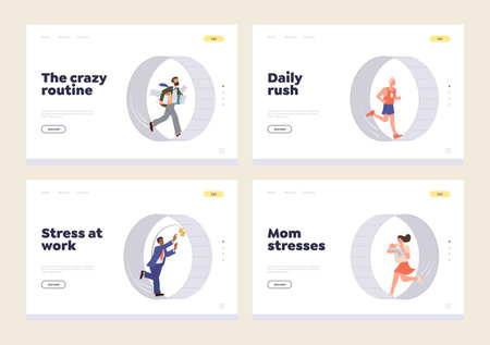Crazy work routine, daily rush, mom and employee stress concept for landing page design templateのイラスト素材