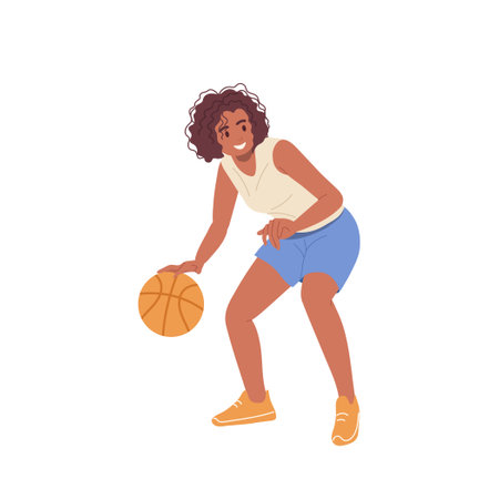 Young happy basketball player female cartoon character playing street game isolated on whiteのイラスト素材